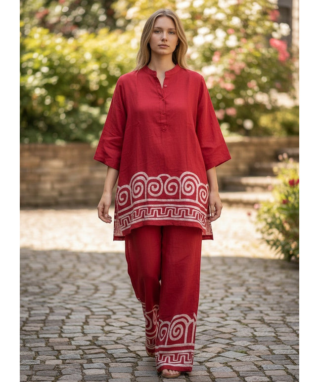 Kurti Connection USA red kurti and pant set with white geometric hem patterns, mandarin collar, and relaxed fit.