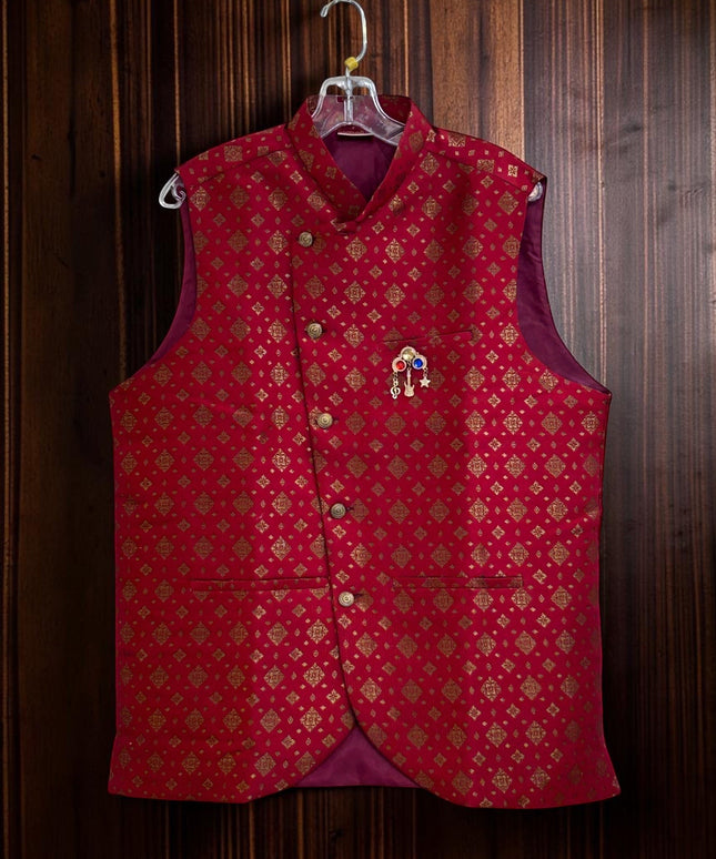 Kurti Connection USA deep red Nehru jacket with gold geometric patterns, mandarin collar, and decorative chest brooch.