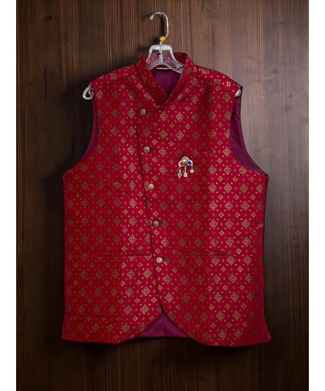 Kurti Connection USA deep red Nehru jacket with gold geometric patterns, mandarin collar, and decorative chest brooch.