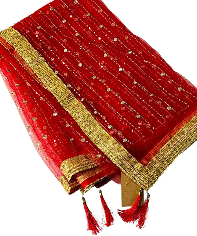 Kurti Connection USA red net dupatta with gold border, intricate sequin embroidery, and decorative red tassels.