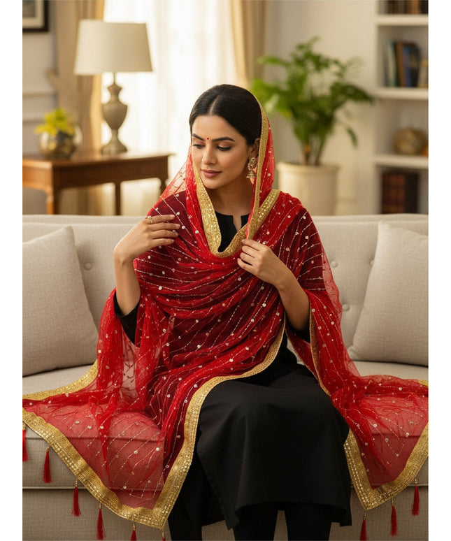 Kurti Connection USA red net dupatta with gold border, sequin embroidery, and tassels worn by a woman on a sofa.