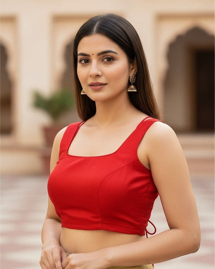 Kurti Connection USA red sleeveless crop top blouse with a square neckline worn by a woman with traditional earrings