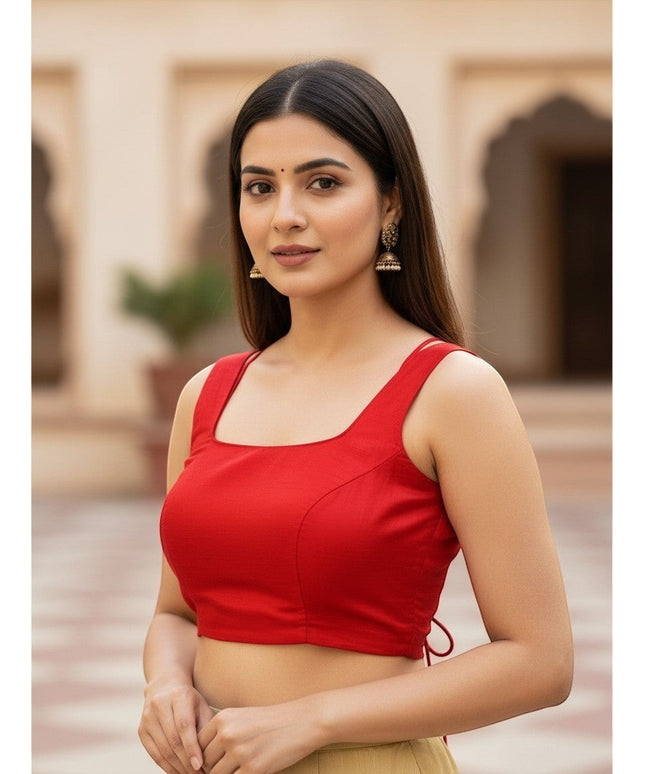 Kurti Connection USA red sleeveless crop top blouse with a square neckline worn by a woman with traditional earrings