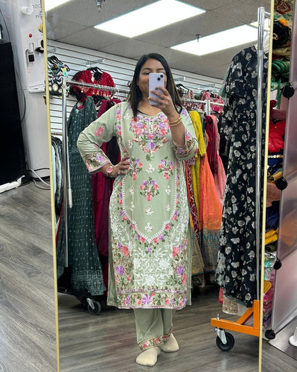 Kurti Connection USA sage green kurti set with intricate multi-colored floral embroidery and matching trousers