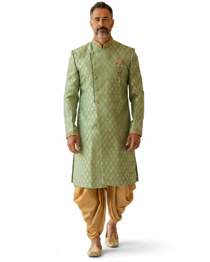 Kurti Connection USA sage green sherwani with gold motifs, mandarin collar, and golden dhoti pants for formal events.