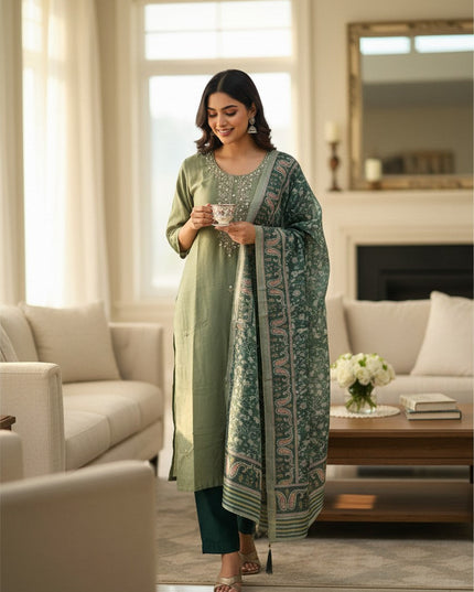 Kurti Connection USA silk salwar suit in sage green with intricate embroidery and a patterned dupatta in a home setting