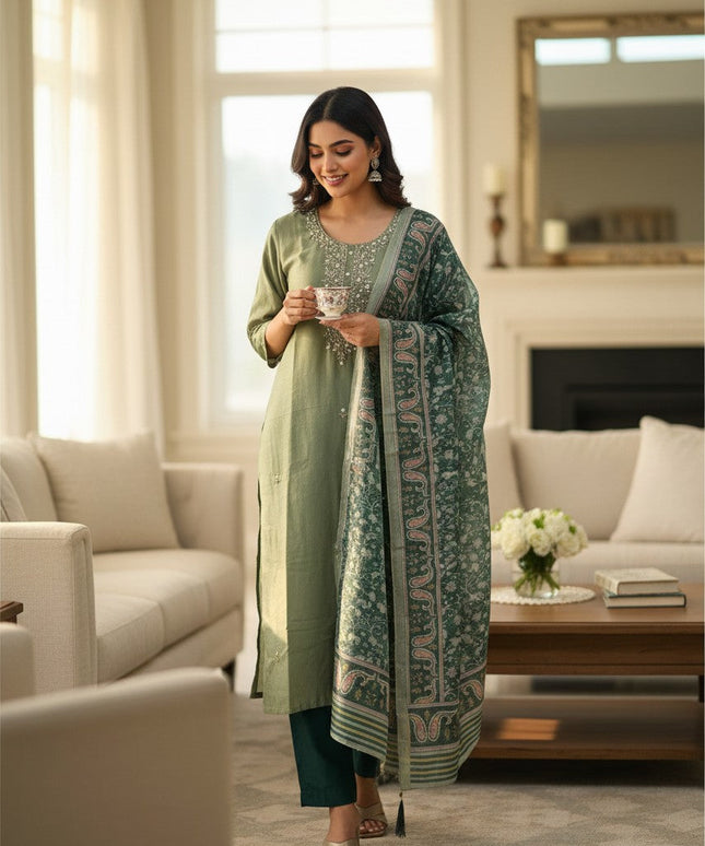 Kurti Connection USA silk salwar suit in sage green with intricate embroidery and a patterned dupatta in a home setting