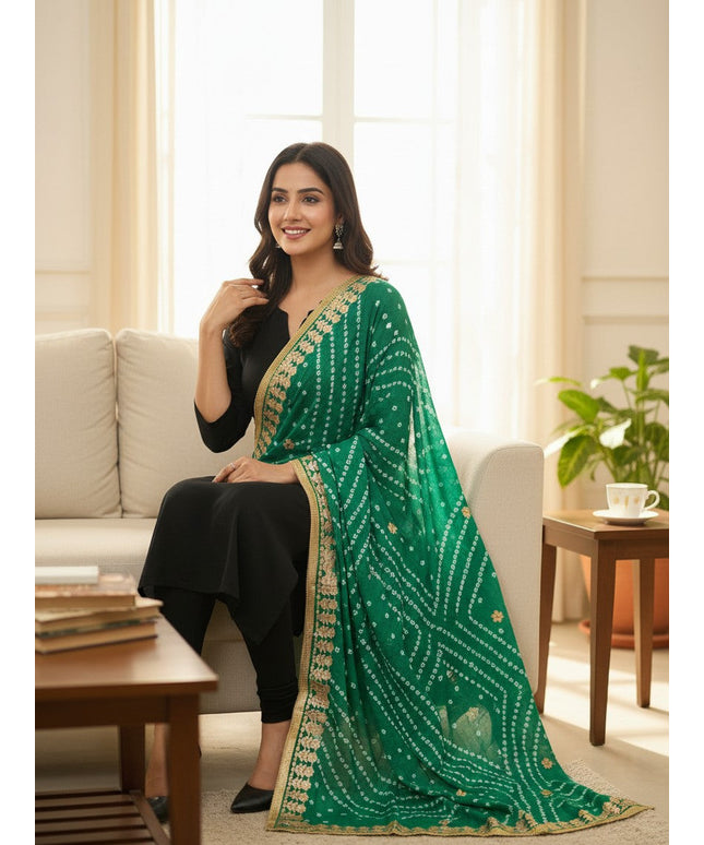Kurti Connection USA sea green Bandhani dupatta with white tie-dye patterns and an ornate gold border on a model