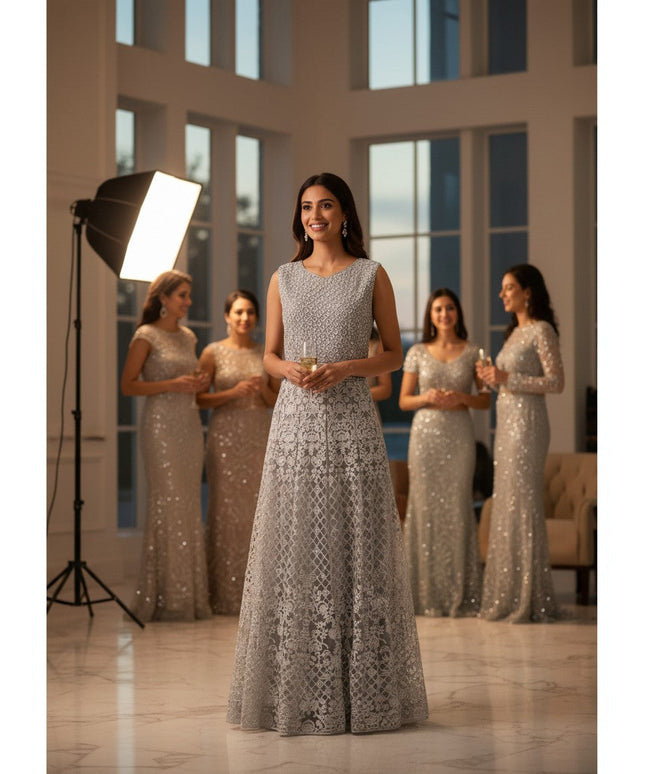 Kurti Connection USA silver-grey sleeveless formal maxi dress with intricate embroidery worn by a smiling model.