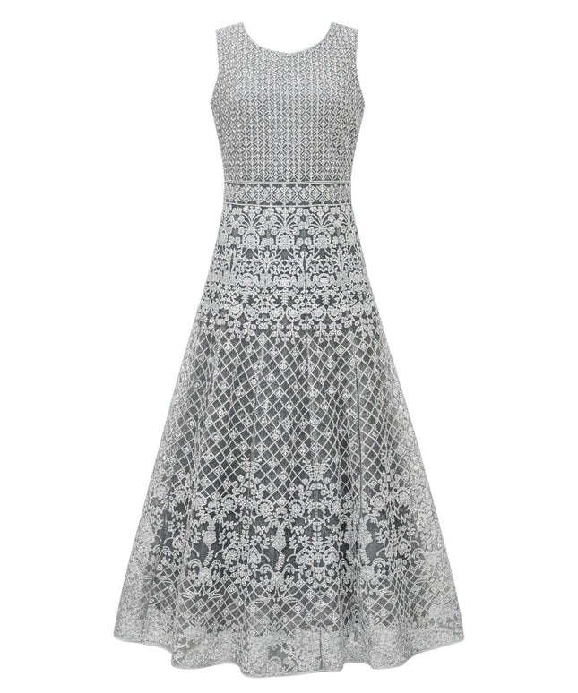 Kurti Connection USA silver-grey sleeveless formal maxi dress with intricate floral and geometric embroidery