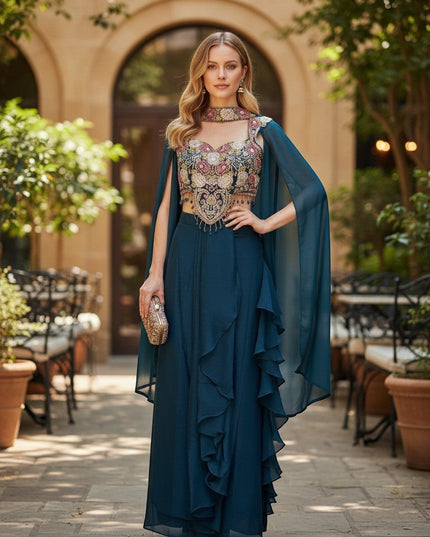 Kurti Connection USA teal embellished crop top and skirt set with floral embroidery, beaded fringe, and cape overlay.