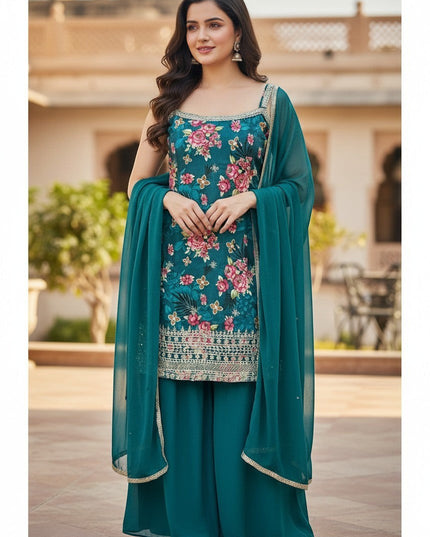 Kurti Connection USA sleeveless teal sharara suit with floral embroidery and matching chiffon dupatta