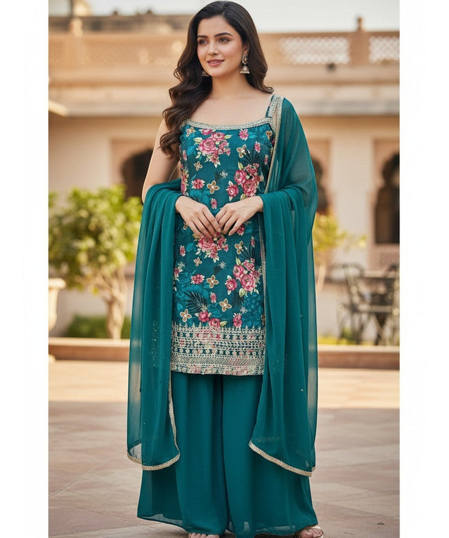 Kurti Connection USA sleeveless teal sharara suit with floral embroidery and matching chiffon dupatta