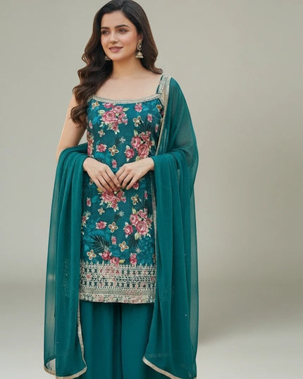 Kurti Connection USA sleeveless teal sharara suit with floral embroidery and matching sheer dupatta
