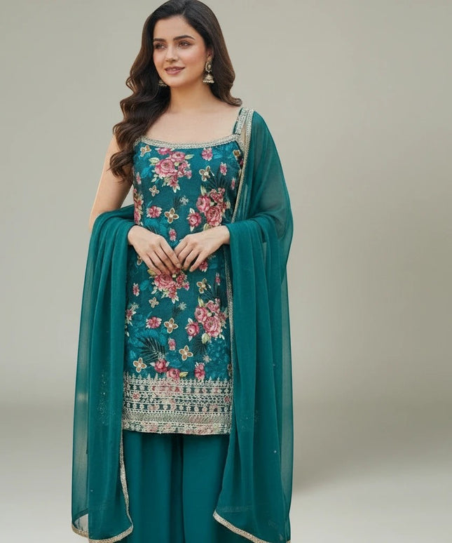 Kurti Connection USA sleeveless teal sharara suit with floral embroidery and matching sheer dupatta