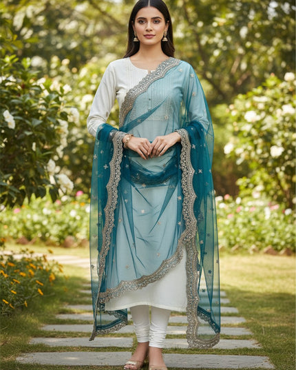 Kurti Connection USA teal blue sheer dupatta with intricate mirror work and scalloped gold embroidery borders