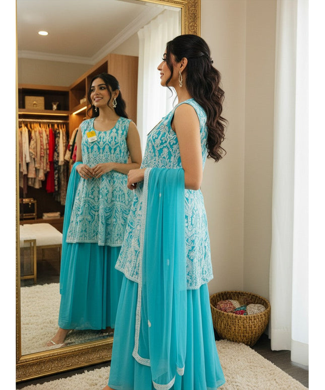 Woman wearing a Kurti Connection USA turquoise georgette sleeveless kurti with white embroidery and matching sharara