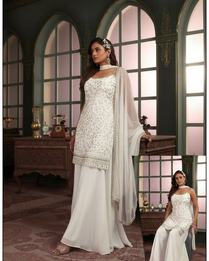 Kurti Connection USA white sleeveless kurti with silver embroidery and sequins, paired with palazzo pants and dupatta.
