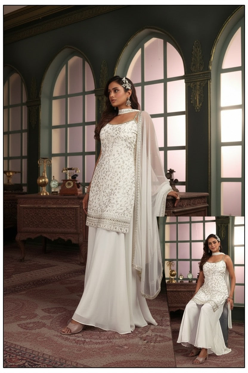 Kurti Connection USA white sleeveless kurti with silver embroidery and sequins, paired with palazzo pants and dupatta.