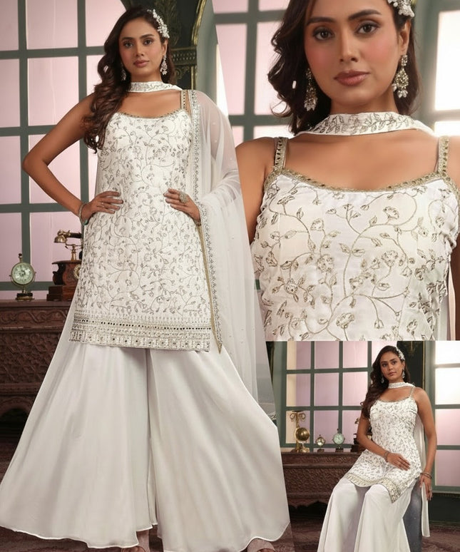 Kurti Connection USA white sleeveless kurti with silver embroidery, sequin work, palazzo pants, and matching dupatta.