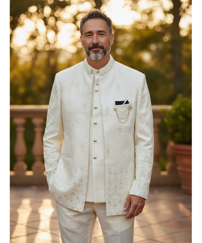 Man wearing a Kurti Connection USA white three-piece Indo-Western sherwani with intricate embroidery and double jacket