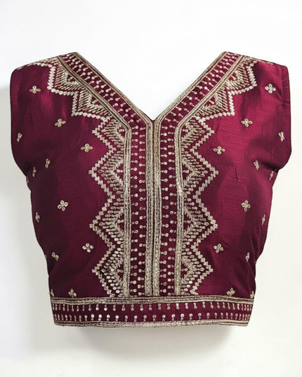 Kurti Connection USA sleeveless wine choli with intricate silver embroidery and V-neckline for festive ethnic wear