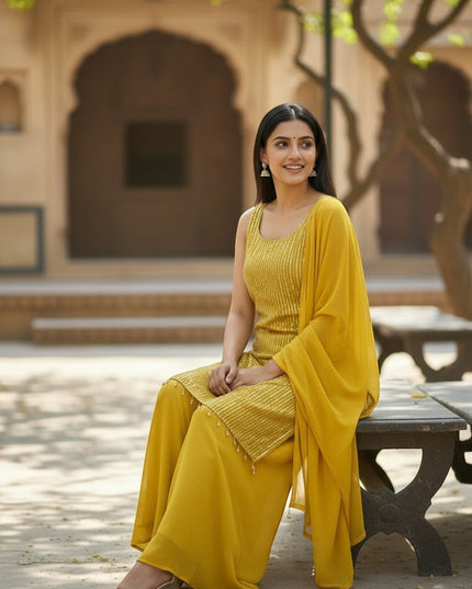 Kurti Connection USA yellow sleeveless kurti with pearl accents and matching palazzo pants, embellished with vertical stripes.
