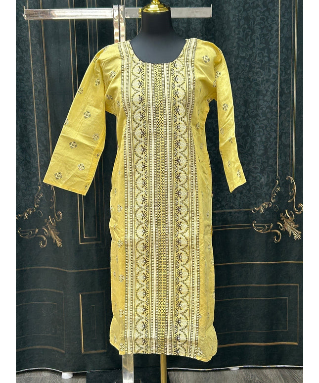 Kurti Connection USA yellow cotton kurti tunic with black and white traditional vertical print and three-quarter sleeves