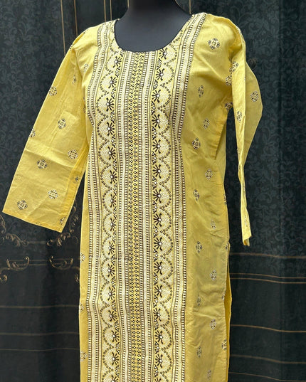 Kurti Connection USA yellow cotton kurti tunic with black and white traditional vertical print and round neckline